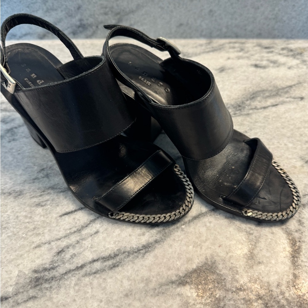 Sandro Black Leather Heels with Chain Detail